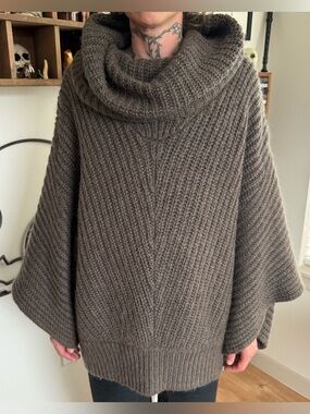 Vintage Y2K Cowl Neck Chunky Knit Mohair Poncho Sweater Taupe ~ Size XL